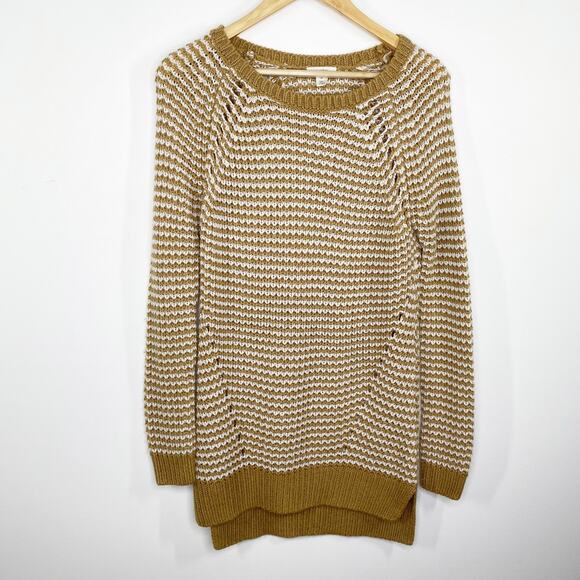 Caslon Tan White Striped Long Sleeve Knit Tunic Sweater Women's Size Medium M - Picture 1 of 8